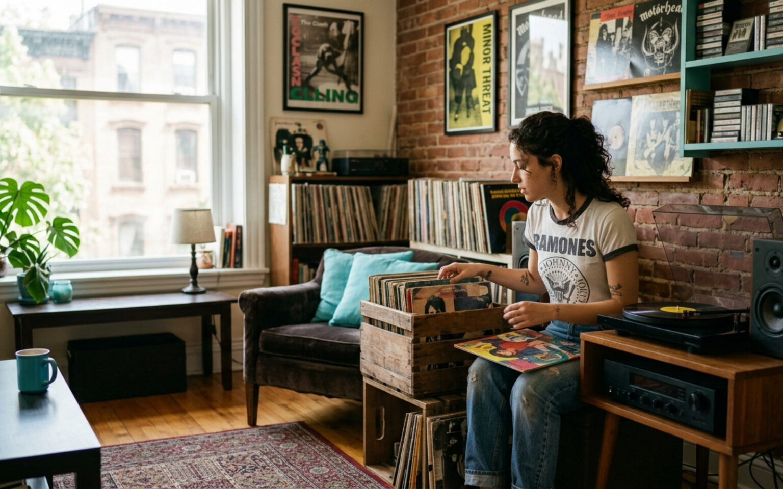 Records, crates and a turntable - punk, garage and rockabilly vinyl